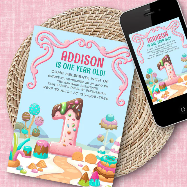 Candy Sweet Girl's Candyland 1st Birthday Invitation | Zazzle