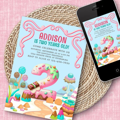 Candy Sweet Girls Candyland 2nd Birthday Invitation