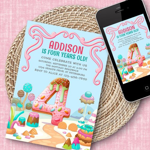 Candy Sweet Girls Candyland 4th Birthday Invitation