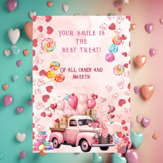 Candy Sweets Balloons Truck Kids Pink Valentines Holiday Card
