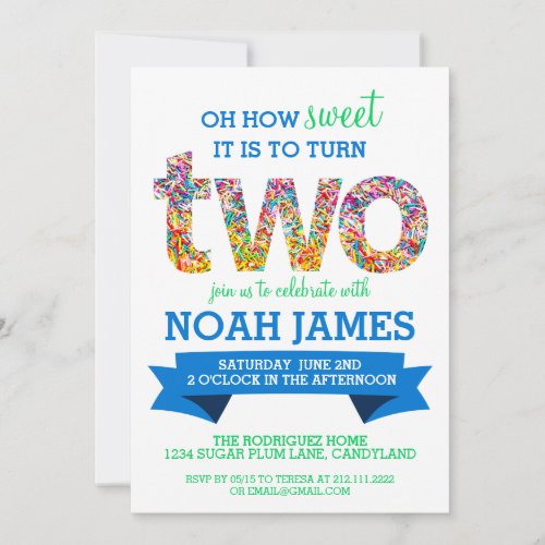 Candy Theme 2nd Birthday Party Sprinkles BLUE Invitation