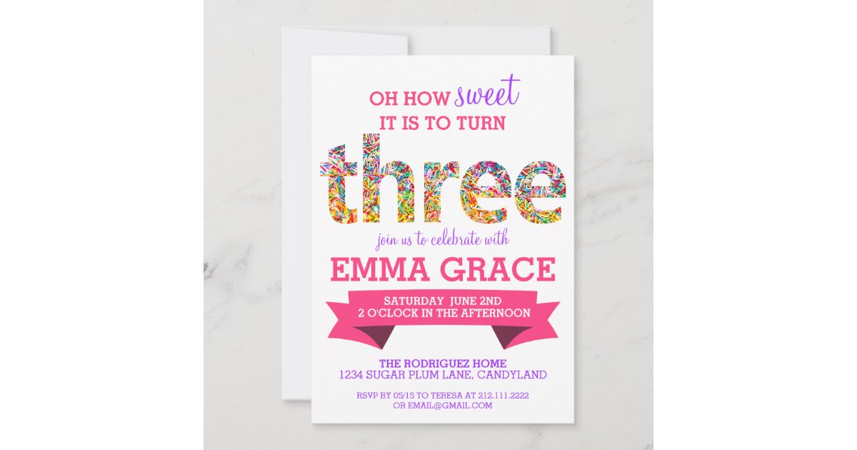 Candy Theme 3rd Birthday Party Sprinkles Invite Zazzle Com