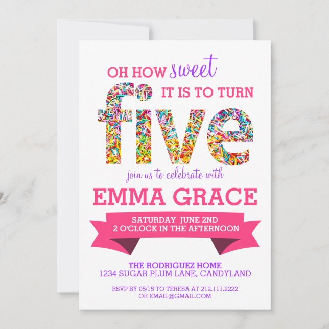 Candy Theme 5th Birthday Party Sprinkles Invite (Front)