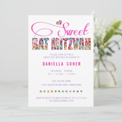 Candy Theme BAT MITZVAH Birthday Invitation | Zazzle