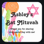 Candy Theme Bat Mitzvah Favor Square Sticker<br><div class="desc">Candy themed Bat Mitzvah favor stickers. Colorful lollipops,  rock candy,  swirls candies and other sweet treats. Graphics by www.jwillustrations.com</div>