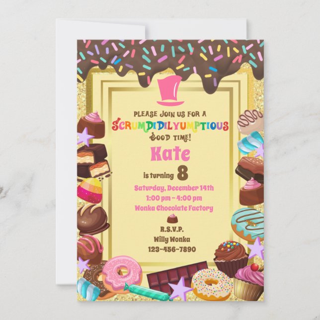 Candy theme, chocolate, food, donuts, rainbow invitation (Front)