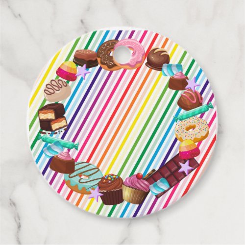Candy theme chocolate food donuts rainbow part favor tags