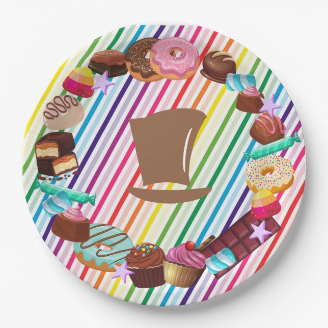 Candy theme, chocolate, food, donuts, rainbow part paper plates (Front)