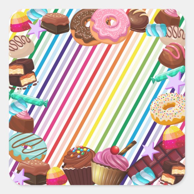 Candy theme, chocolate, food, donuts, rainbow part square sticker (Front)