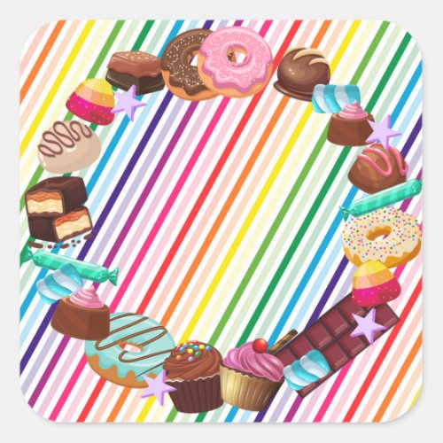 Candy theme chocolate food donuts rainbow part square sticker