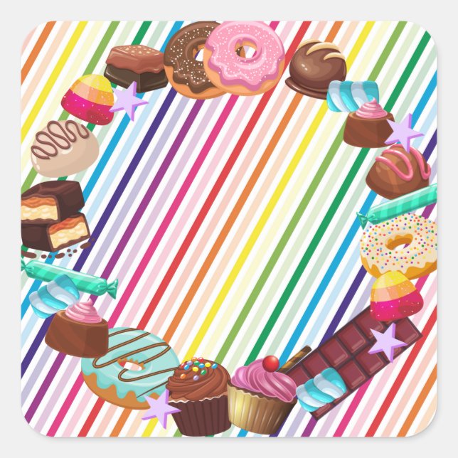 Candy theme, chocolate, food, donuts, rainbow part square sticker (Front)