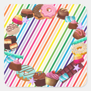 Candy theme, chocolate, food, donuts, rainbow part square sticker