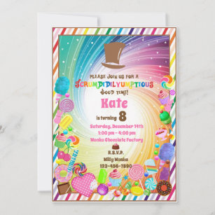 Candy theme, chocolate, golden ticket, rainbow inv invitation