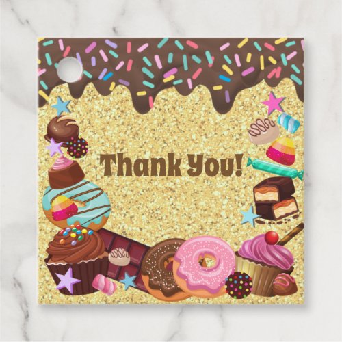 Candy theme chocolate pink blue sprinkles favor tags