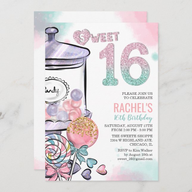 Candy Theme Sweet 16 Birthday Invitation (Front/Back)
