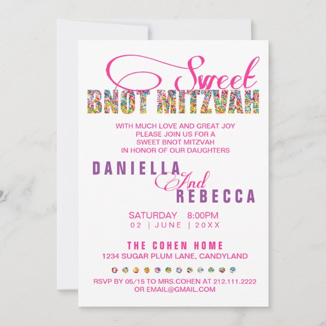 Candy Theme Sweet BNOT MITZVAH Joint Party Invitation (Front)