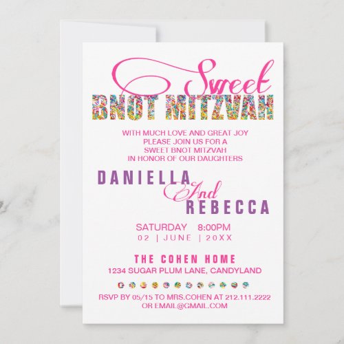 Candy Theme Sweet BNOT MITZVAH Joint Party Invitation
