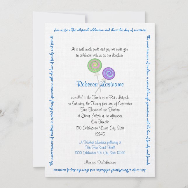 Candy Treasures Bat Mitzvah Blue Invitation (Front)