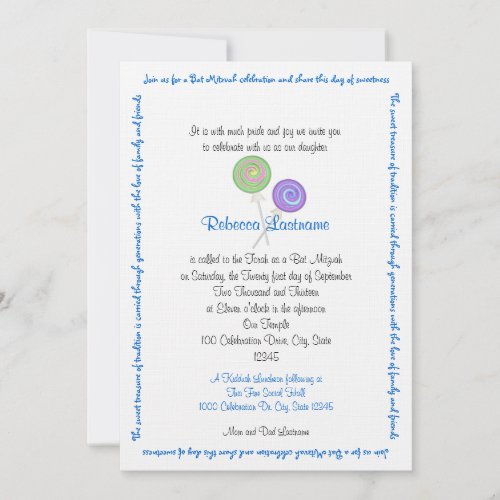 Candy Treasures Bat Mitzvah Blue Custom Invitation
