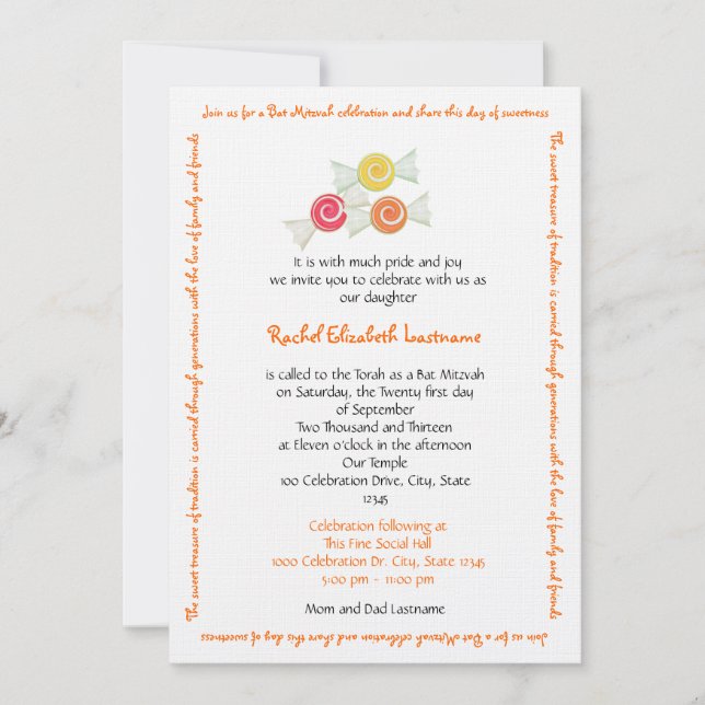 Candy Treasures Bat Mitzvah Invitation (Front)