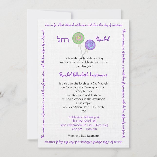 Candy Treasures Bat Mitzvah Invitation (Front)