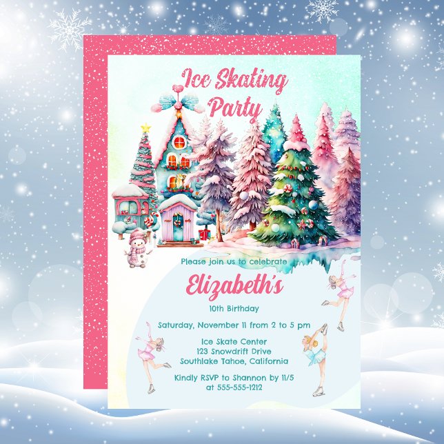 Candy Village Ice Skating Girl's Birthday Party Invitation (Pink Candy Village Ice Skating Girl's Birthday Party Invitation)