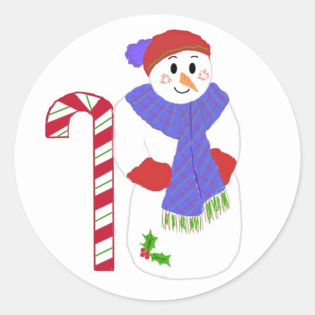 Candycane and  Jolly Snowman Classic Round Sticker (Front)