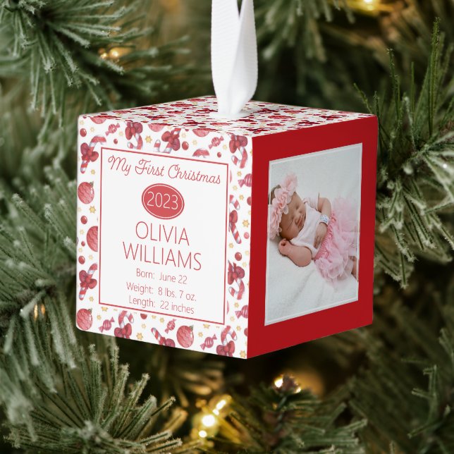 Candycane Pattern Baby My First Christmas 3 Photo  Cube Ornament (Tree)