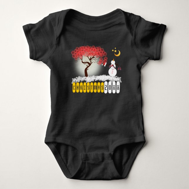 Candycane Tree Snowman Looking Up At the Moon Baby Bodysuit (Front)