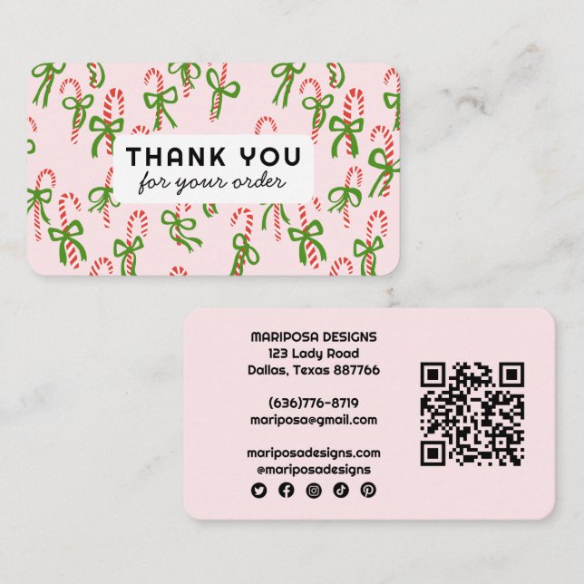 Candycanes Customer Order Thank You QR Code Social Business Card (Front/Back)