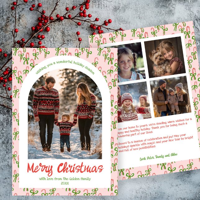 Candycanes Pink Red Christmas Custom Arch 5 Photo  Holiday Card (Candy canes Pink Red Cute Christmas Custom Arch 5 Photo  Family Collage Holiday Card
)