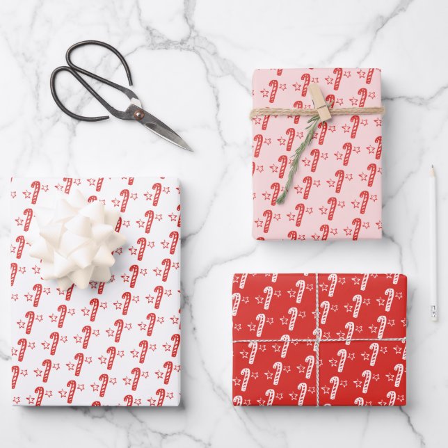Candycanes Stars Doodle CHRISTMAS Holiday Red Pink Wrapping Paper Sheets (Front)