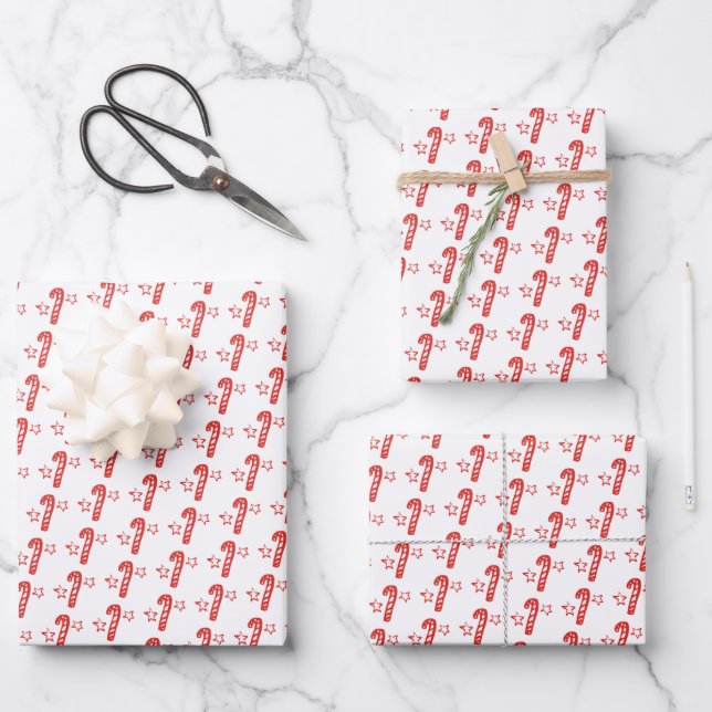 Candycanes Stars Doodle CHRISTMAS Holiday Red Whit Wrapping Paper Sheets (Front)