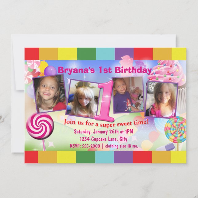 Candyland 1st Birthday Party 4 Photo Invitation (Front)