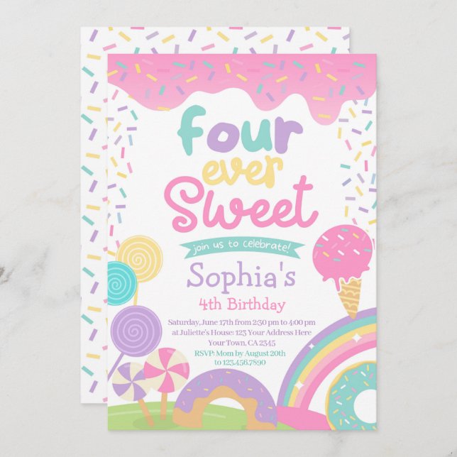 Candyland and Ice Cream Four Ever Sweet Birthday Invitation (Front/Back)
