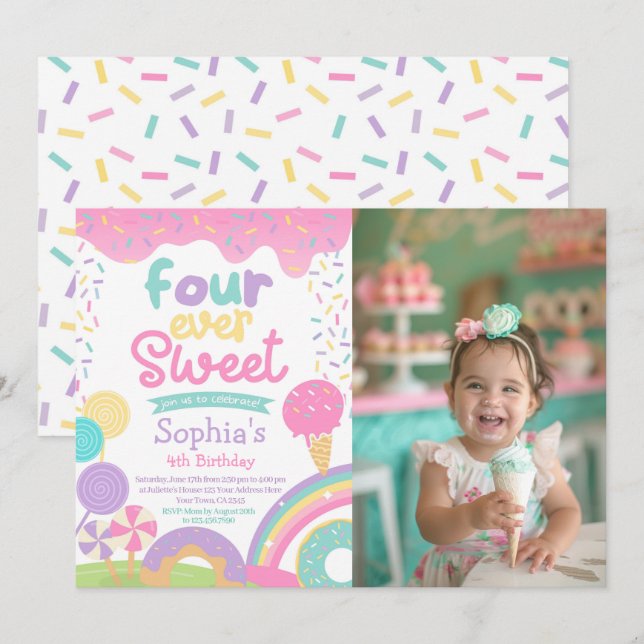 Candyland and Ice Cream Four Ever Sweet Birthday Invitation (Front/Back)