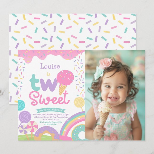 Candyland and Ice Cream, Two Sweet 2nd Birthday Invitation (Front/Back)