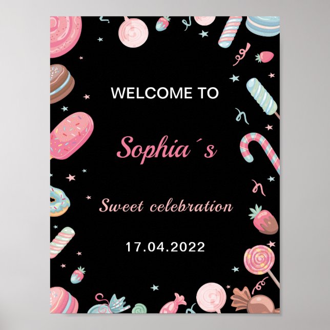Candyland Birthday Welcome Sign pink and black (Front)