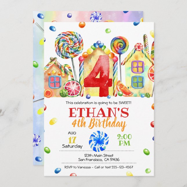 Candyland Candy Invitation for Candy Theme - 4th (Front/Back)