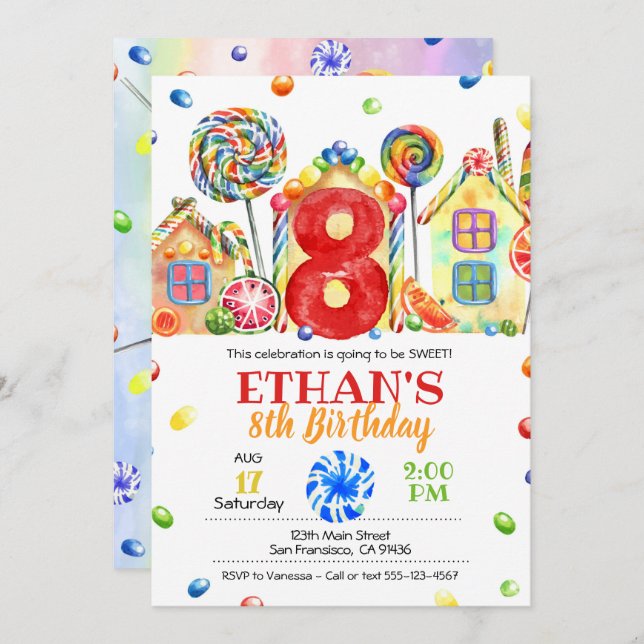 Candyland Candy Invitation for Candy Theme - 8th (Front/Back)