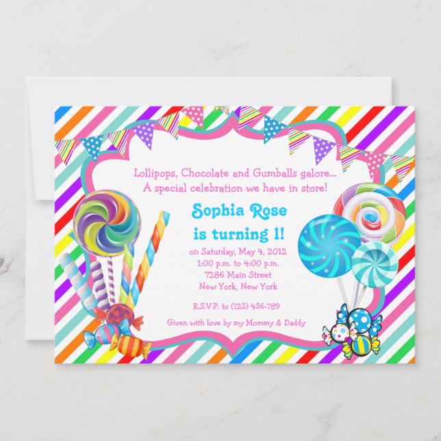 Candyland Candy Theme Birthday Invitation (Front)