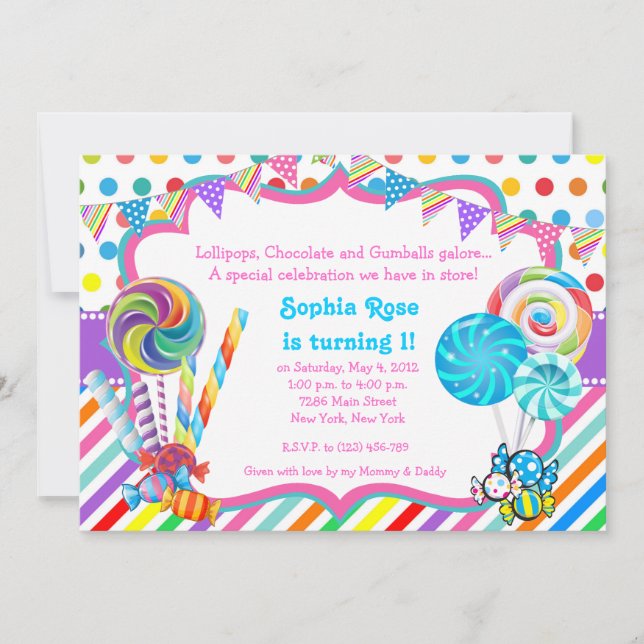 Candyland Candy Theme Birthday Invitation (Front)