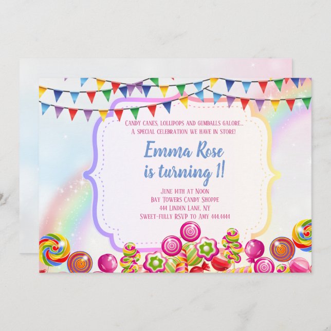 Candyland candy theme birthday party invitation (Front/Back)