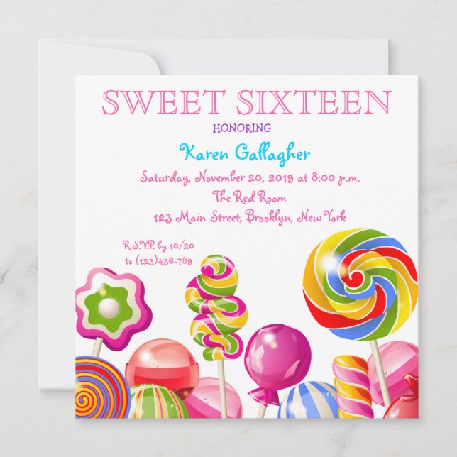Candyland Candy Theme Sweet 16 Invitation (Front)