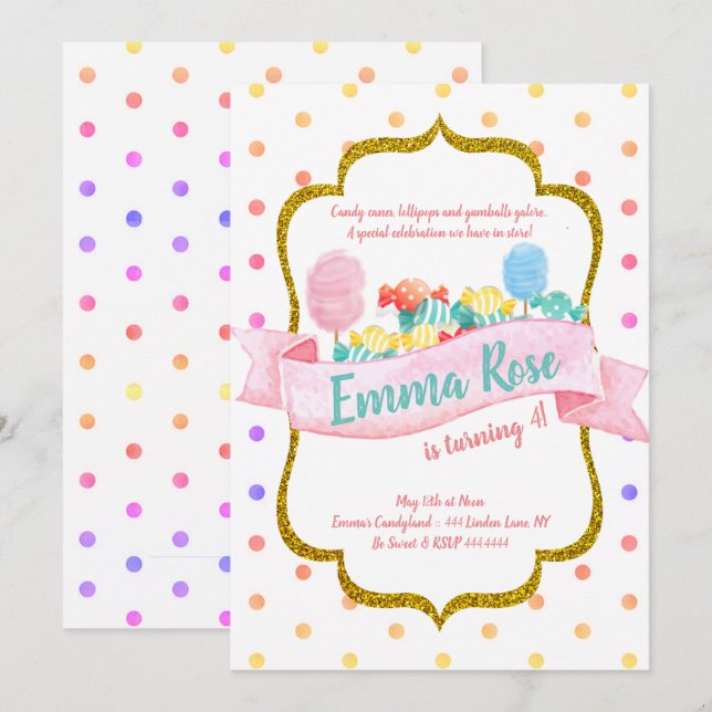 Candyland Gold Polka dot Birthday Party Invitation (Front/Back)