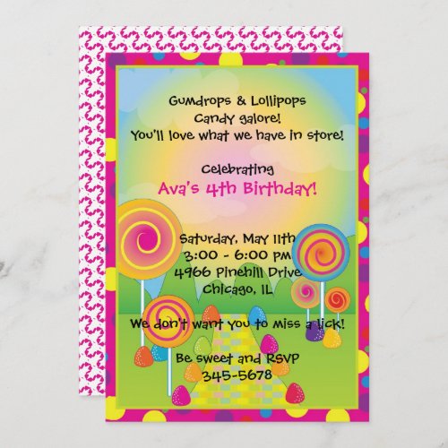 Candyland  Pink Sugary Sweet Lollipops Candy  Invitation