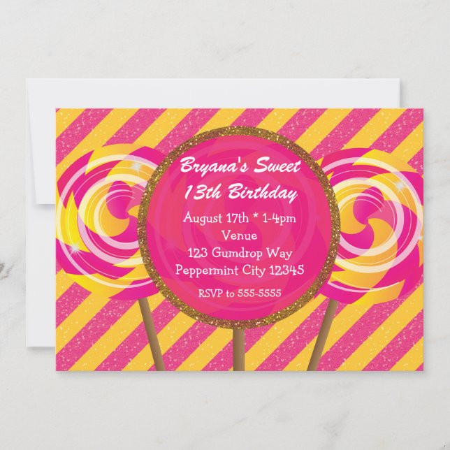 Candyland Pink & Yellow Lollipops Birthday Party Invitation (Front)