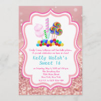 Candyland Rose Gold Glitter Sweet 16 Invitation