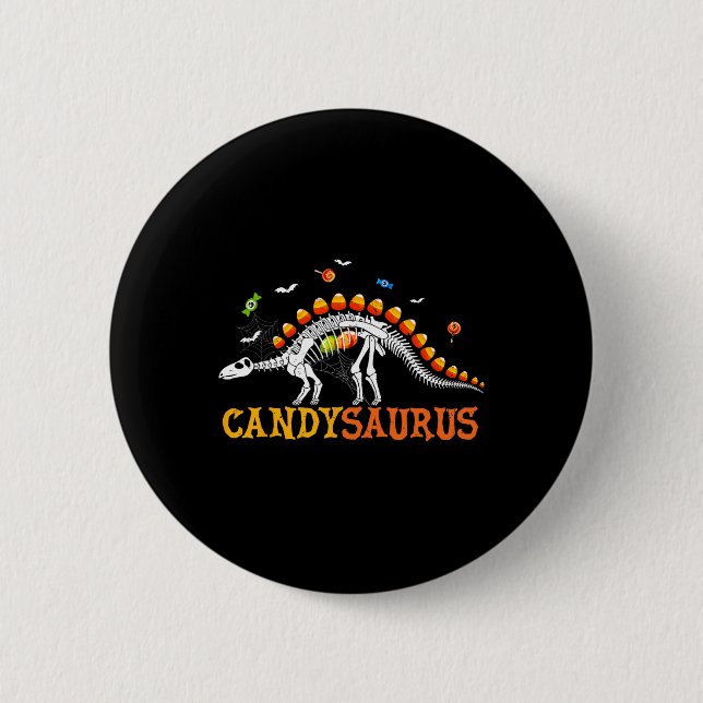 Candysaurus Candy Corn Dinosaur Skeleton Happy Hal Button (Front)