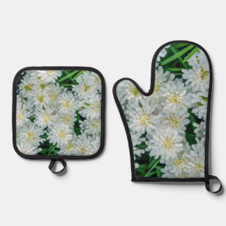 Candytuft White Flower Graphic Art Oven Mitt & Pot Holder Set